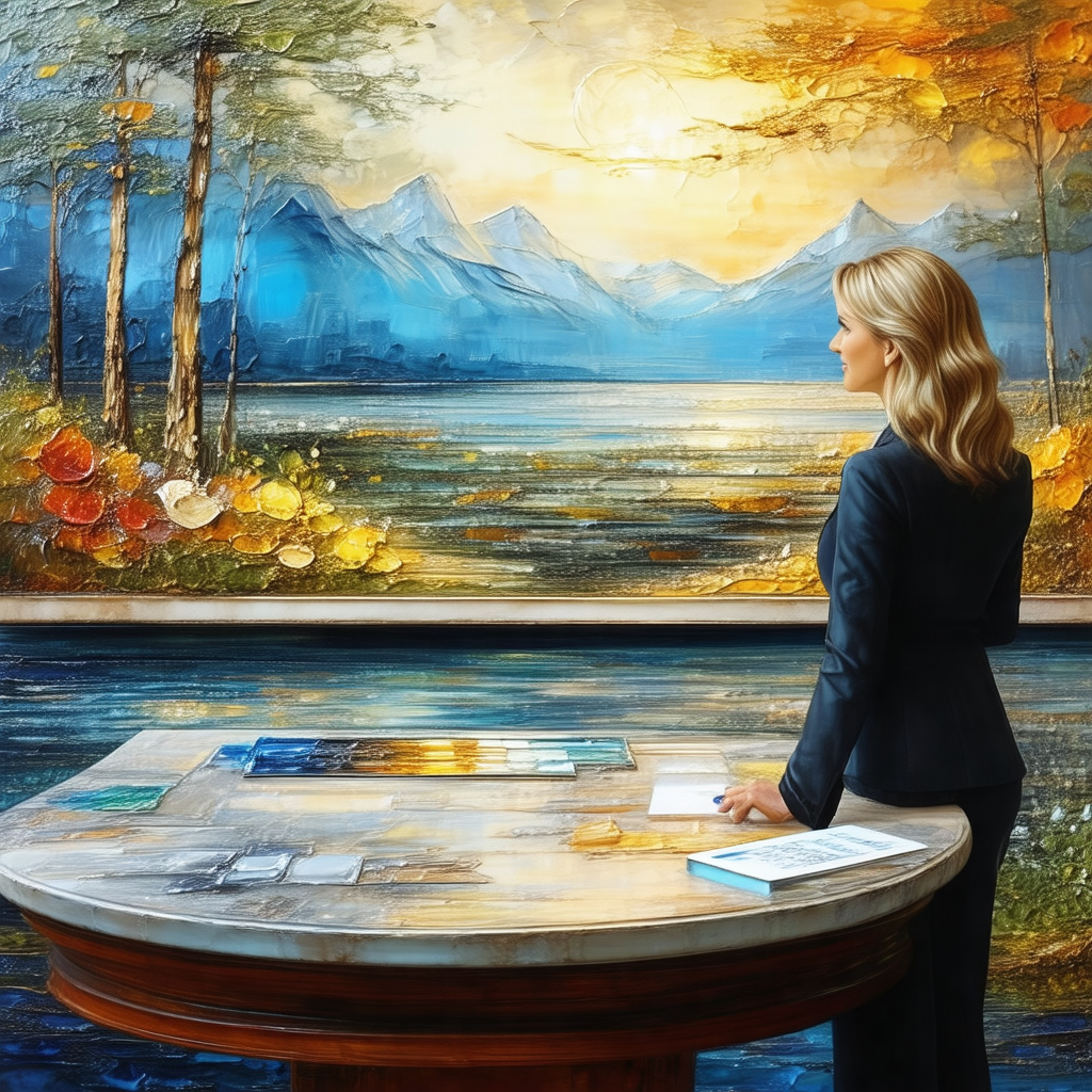Woman standing in front of a painting of a mountain lake