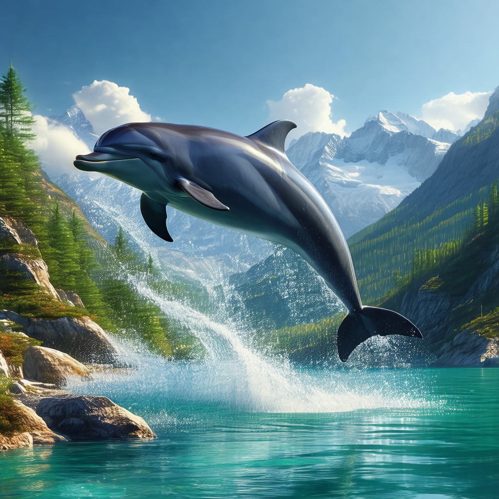 Dolphin jumping out of the water, creating a splash as it...
