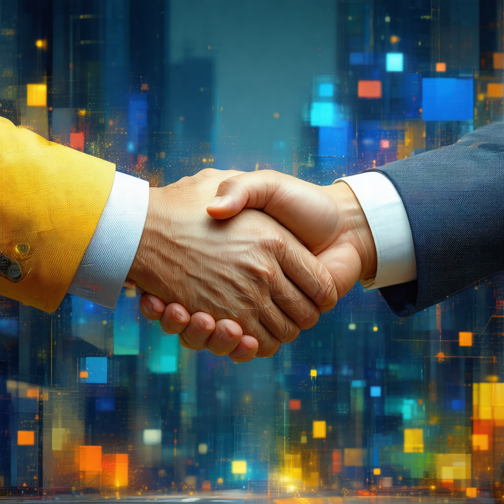Two men shaking hands in a city setting