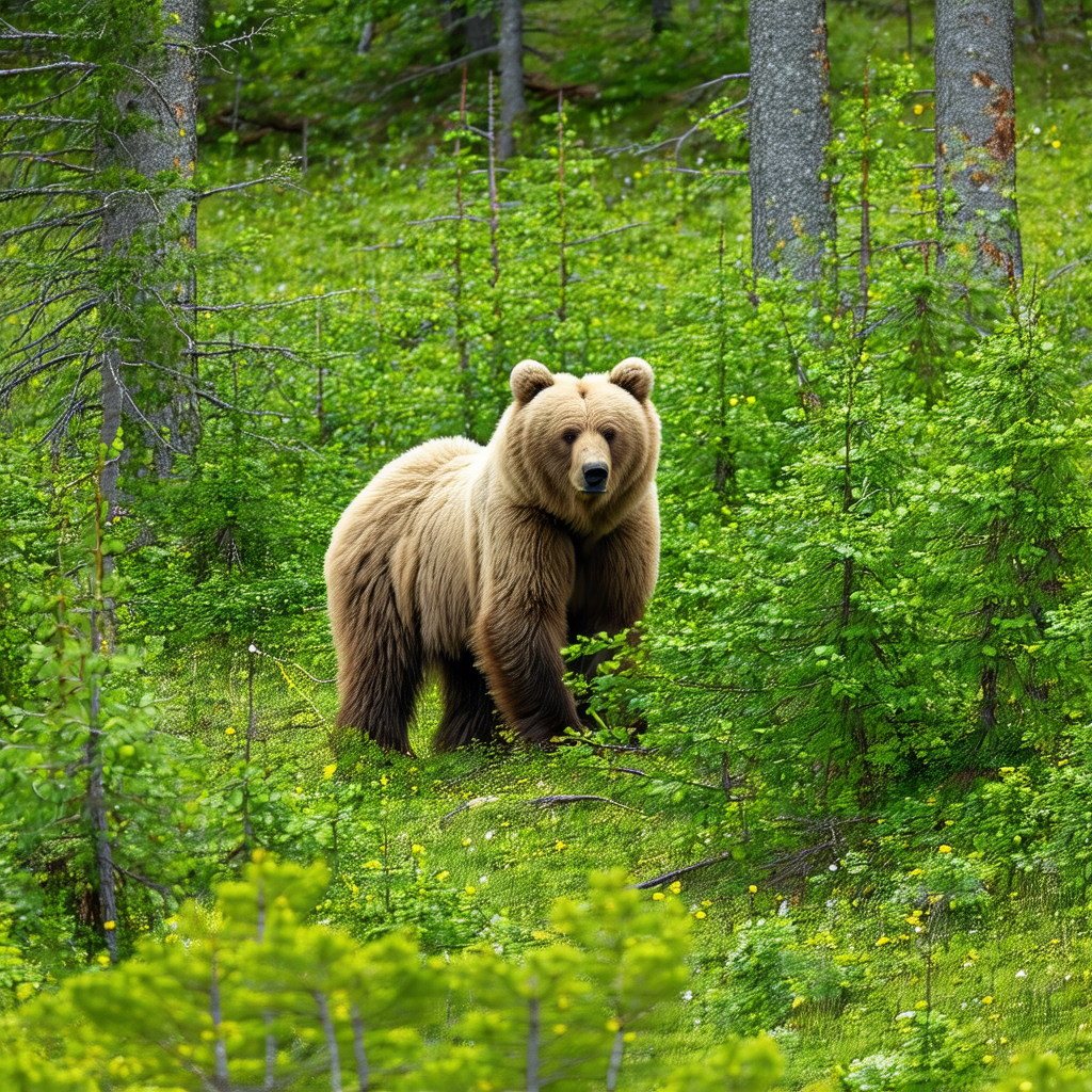 Large brown bear walking through a lush green forest