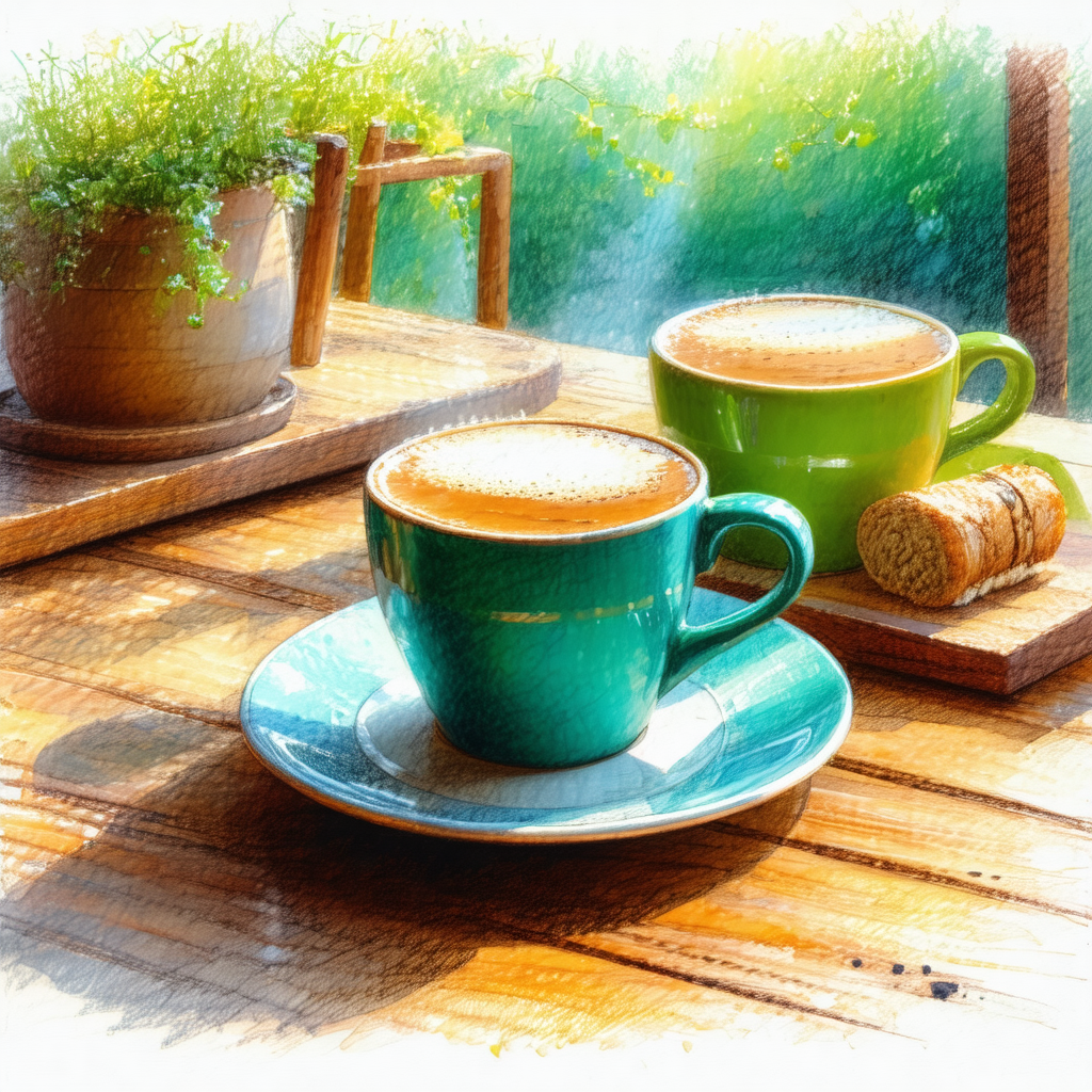 Wooden dining table with two cups of coffee placed on it