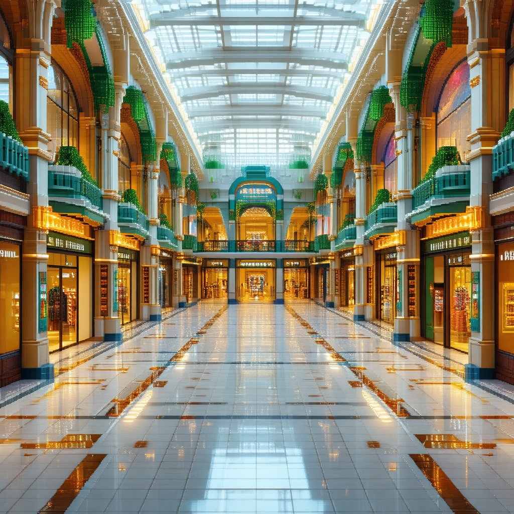 Large, well-lit shopping mall with a high ceiling