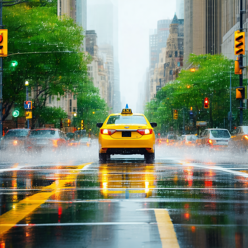 Busy city street with a yellow taxi cab driving down the ...