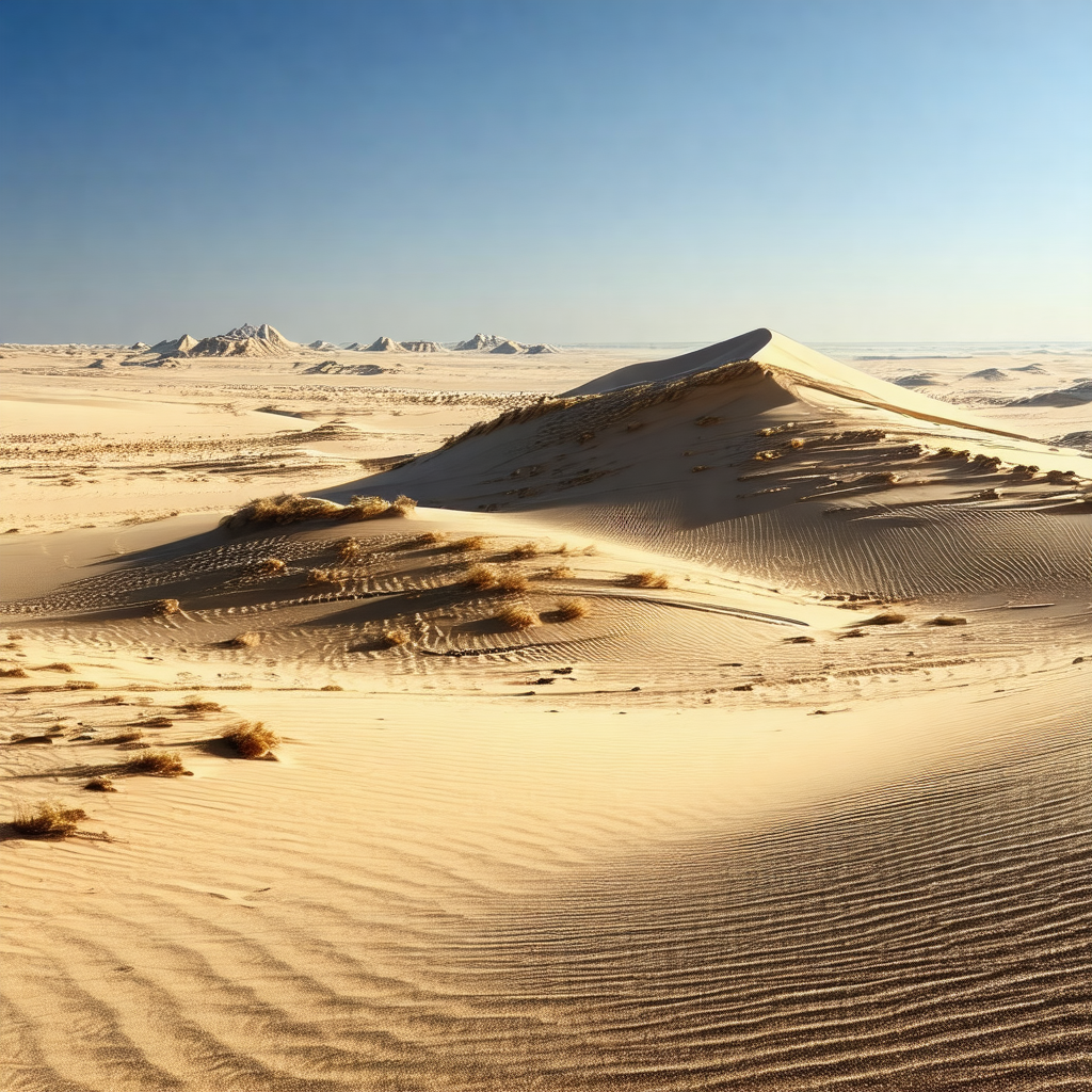 Sandy desert landscape with a large sand dune in the center