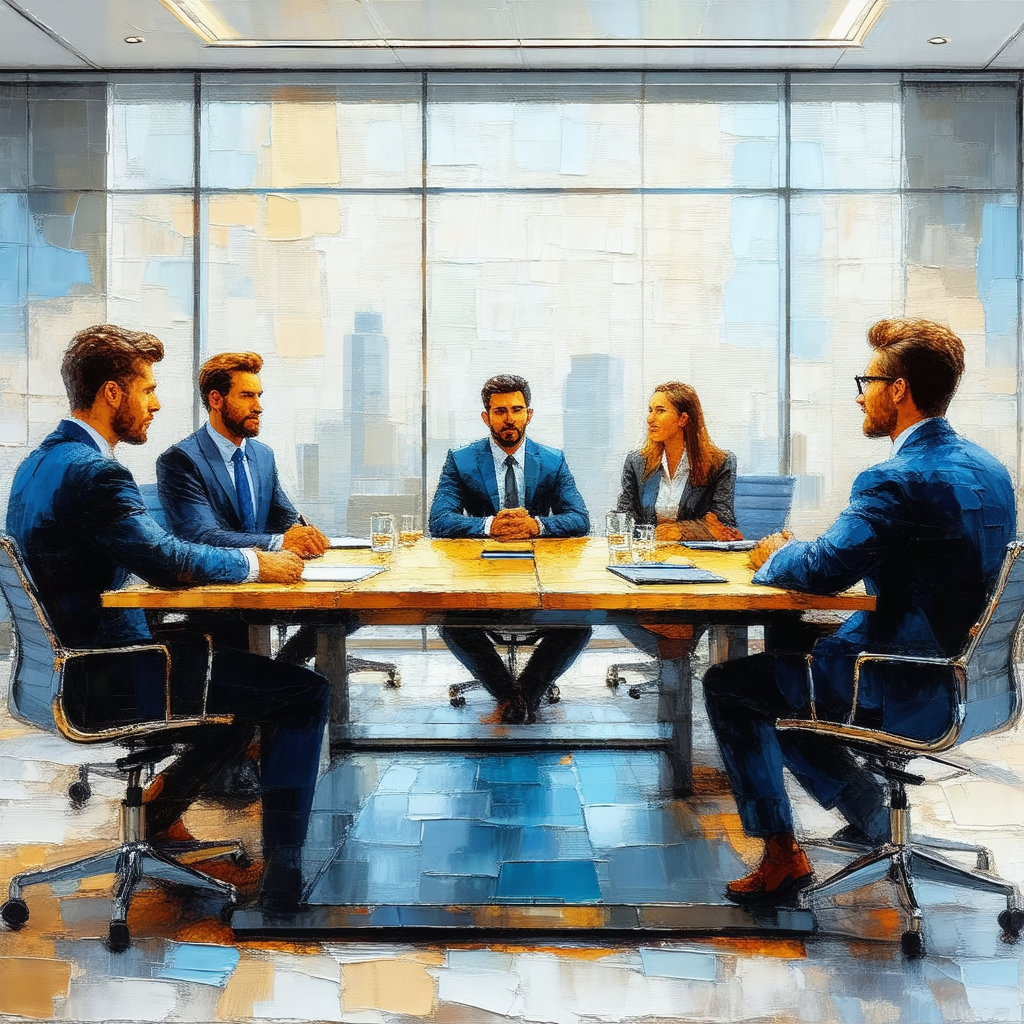 Group of business people sitting around a large conferenc...