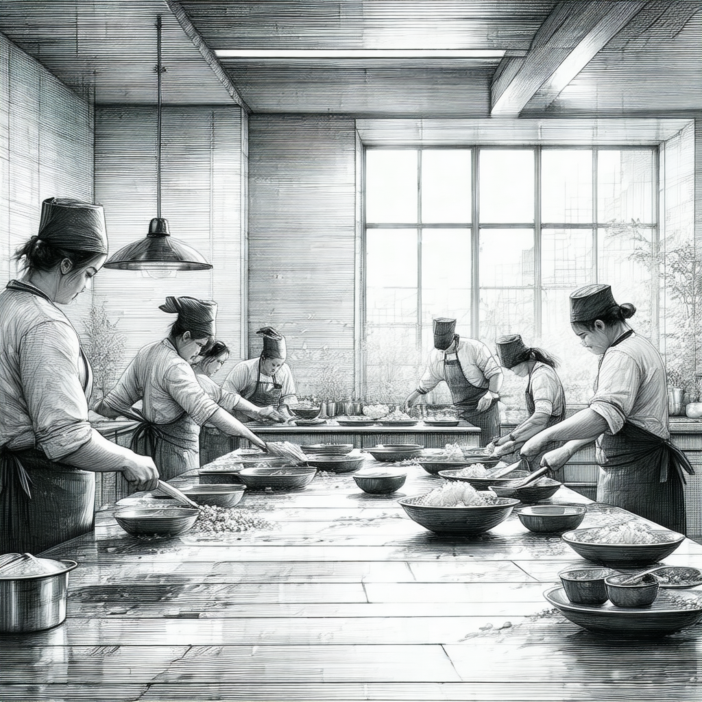 Black and white drawing of a group of people working toge...