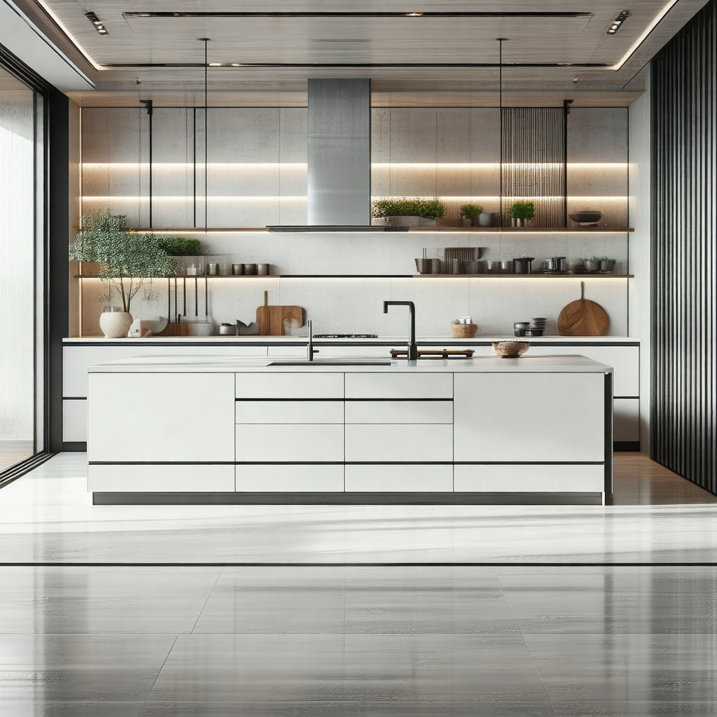 Large, modern kitchen with a white color scheme