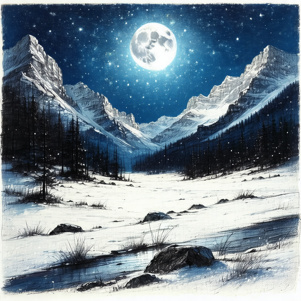 Snowy mountain landscape with a full moon in the sky