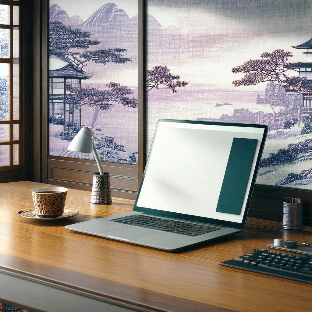 Wooden desk with a laptop computer sitting on top of it