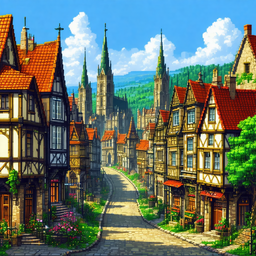 Painting of a quaint european village with a cobblestone ...