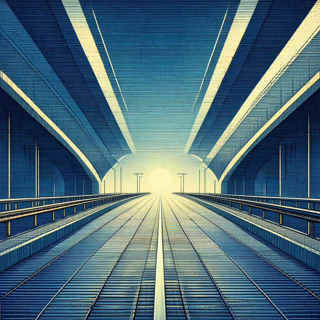 Blue and white painting of a train traveling through a tu...