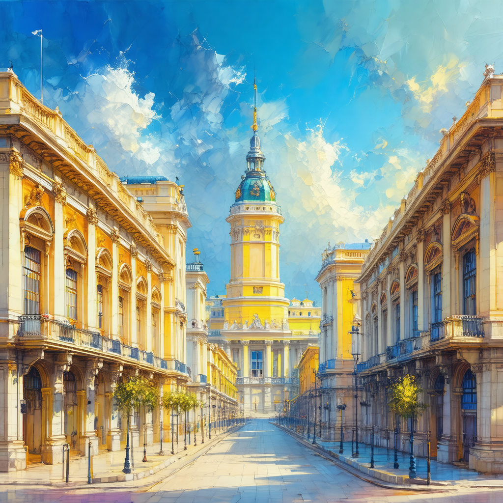 Painting of a city street with a large building in the ba...