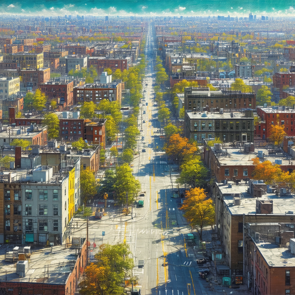 Bustling city street filled with tall buildings and a mul...