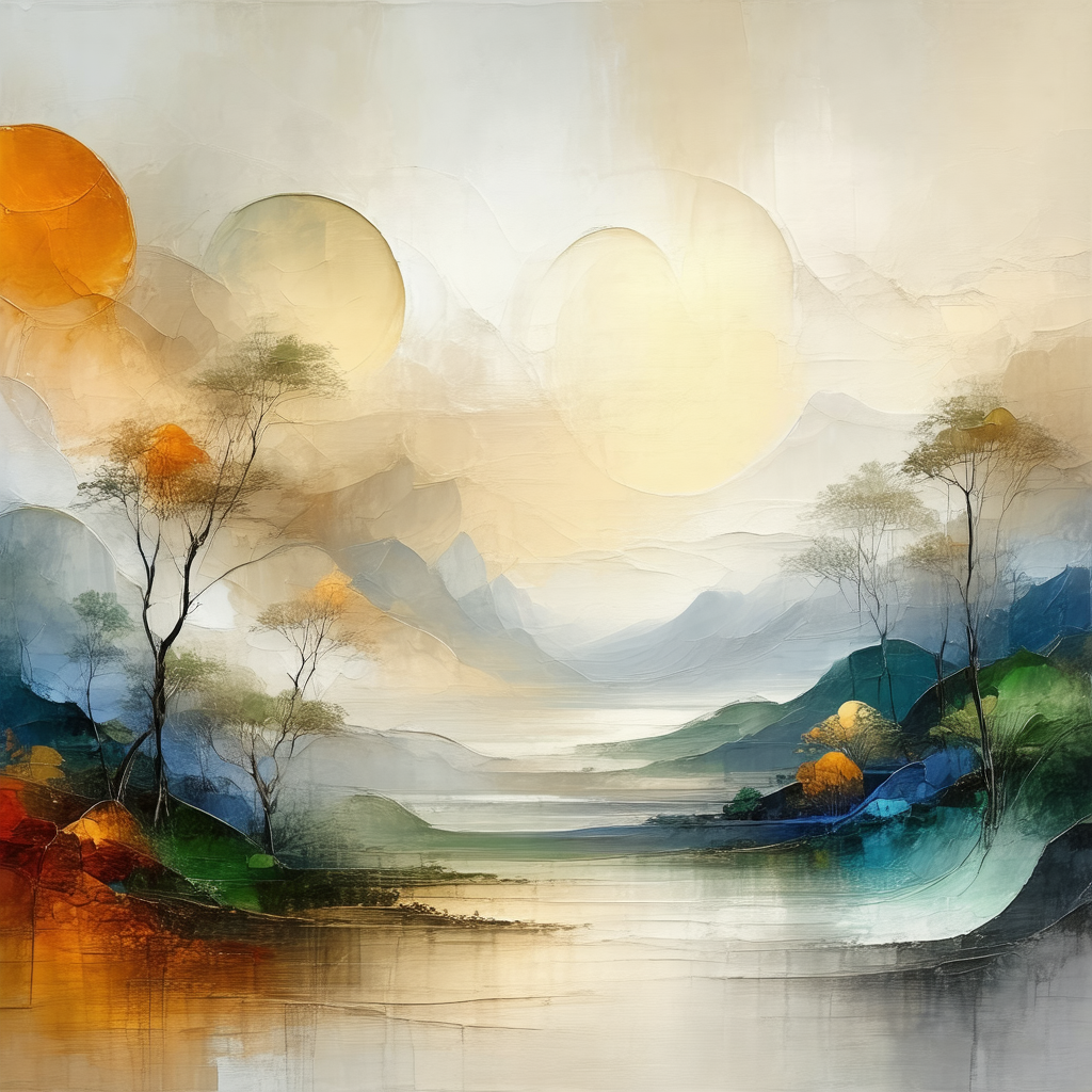 Painting of a beautiful landscape featuring a body of wat...