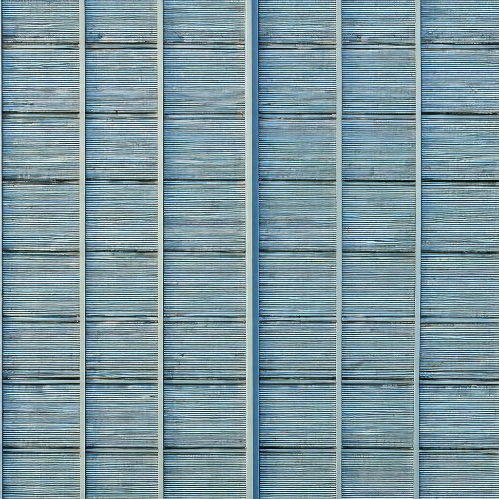 Large blue wall with a row of wooden panels