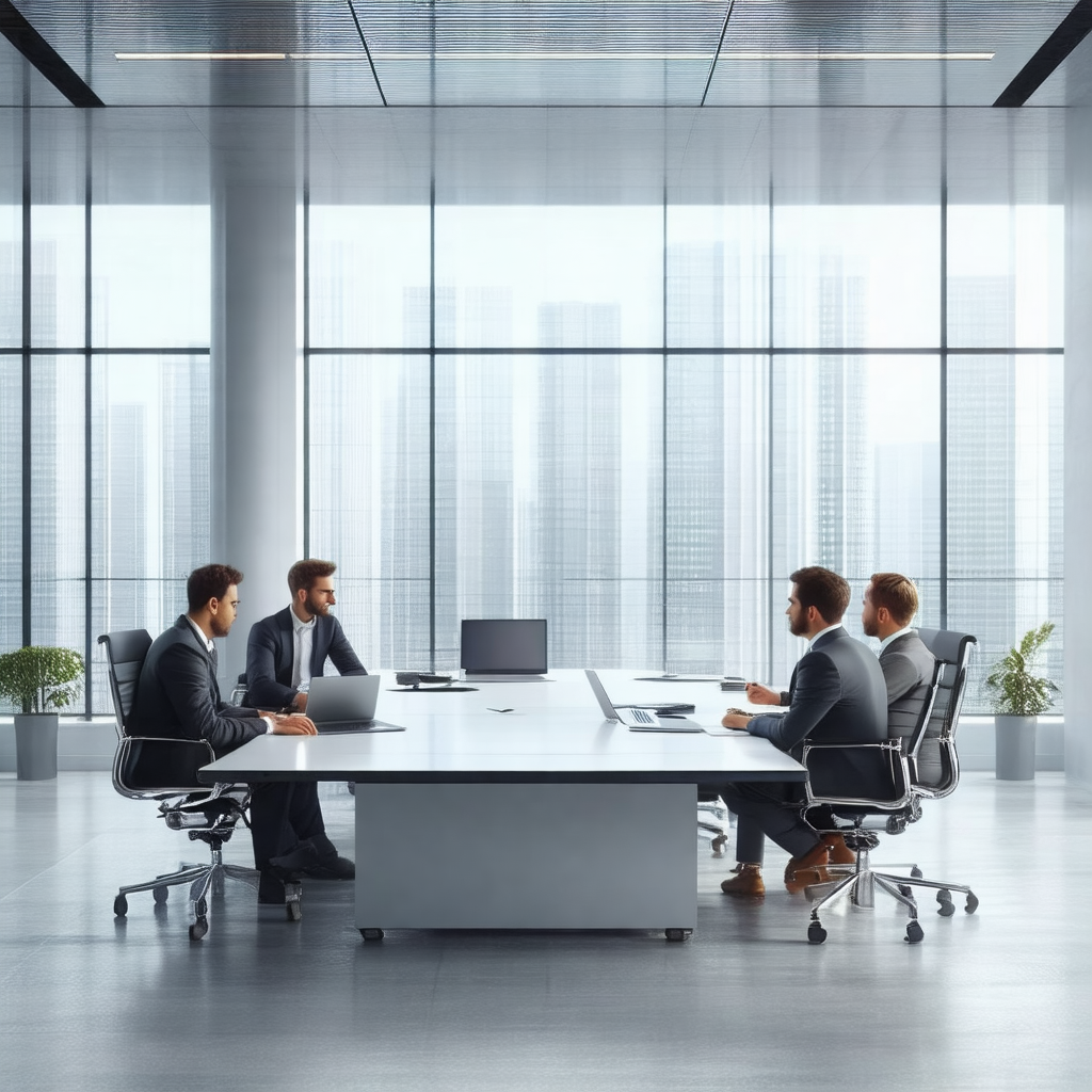 Group of four men sitting around a large conference table...