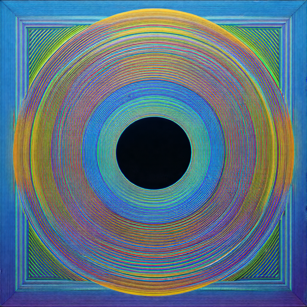 Large, colorful circle with a black hole in the center