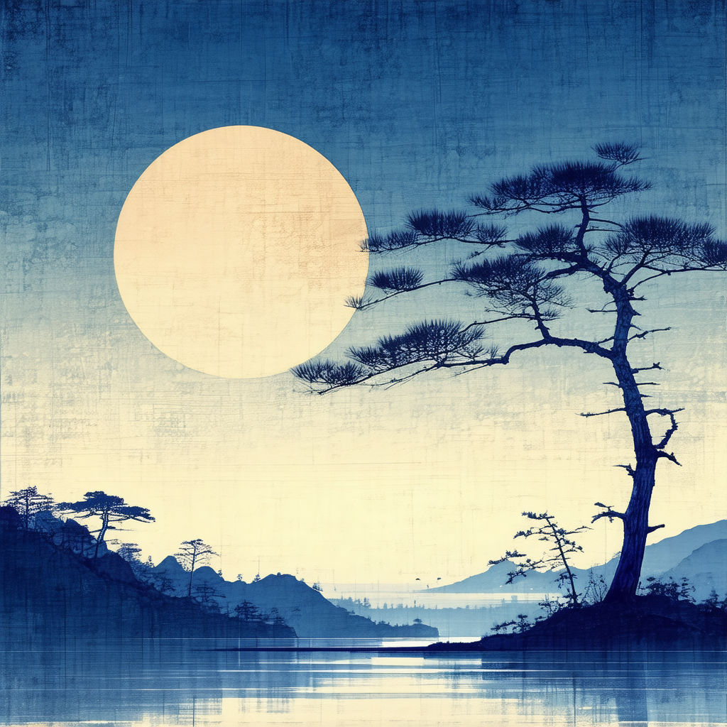 Serene scene of a tree standing next to a body of water, ...