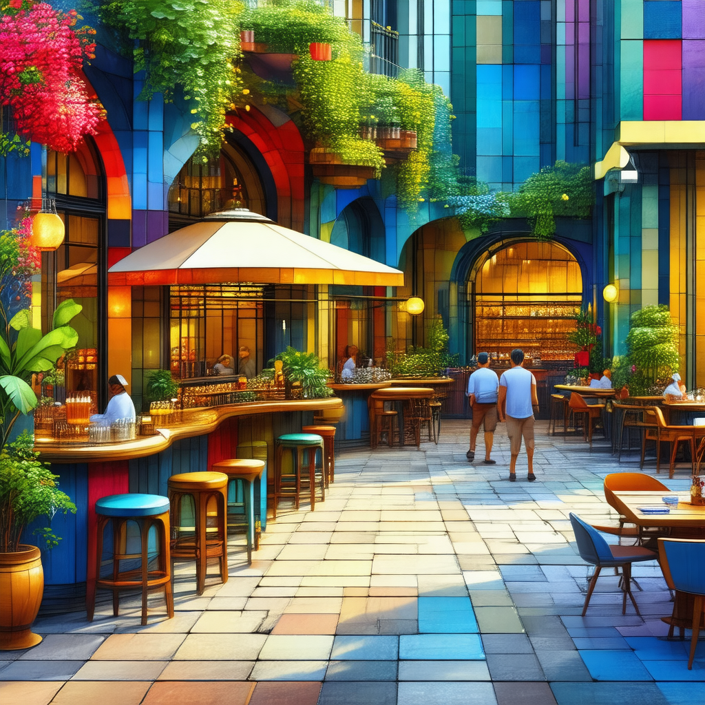 Lively outdoor restaurant with a variety of tables and ch...
