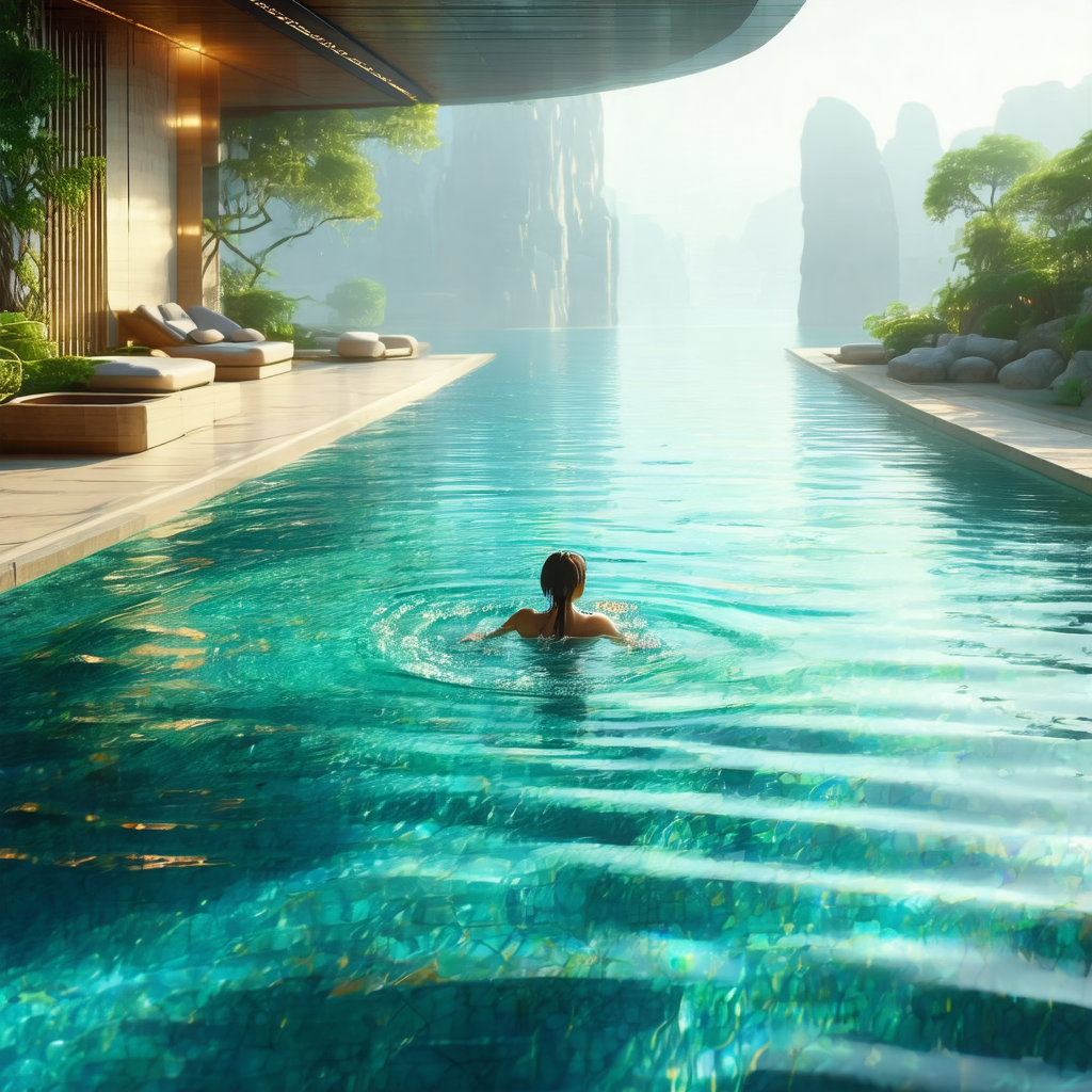 Woman swimming in a large, blue swimming pool