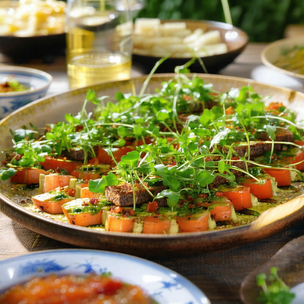 Dining table with a large, delicious-looking vegetable pl...
