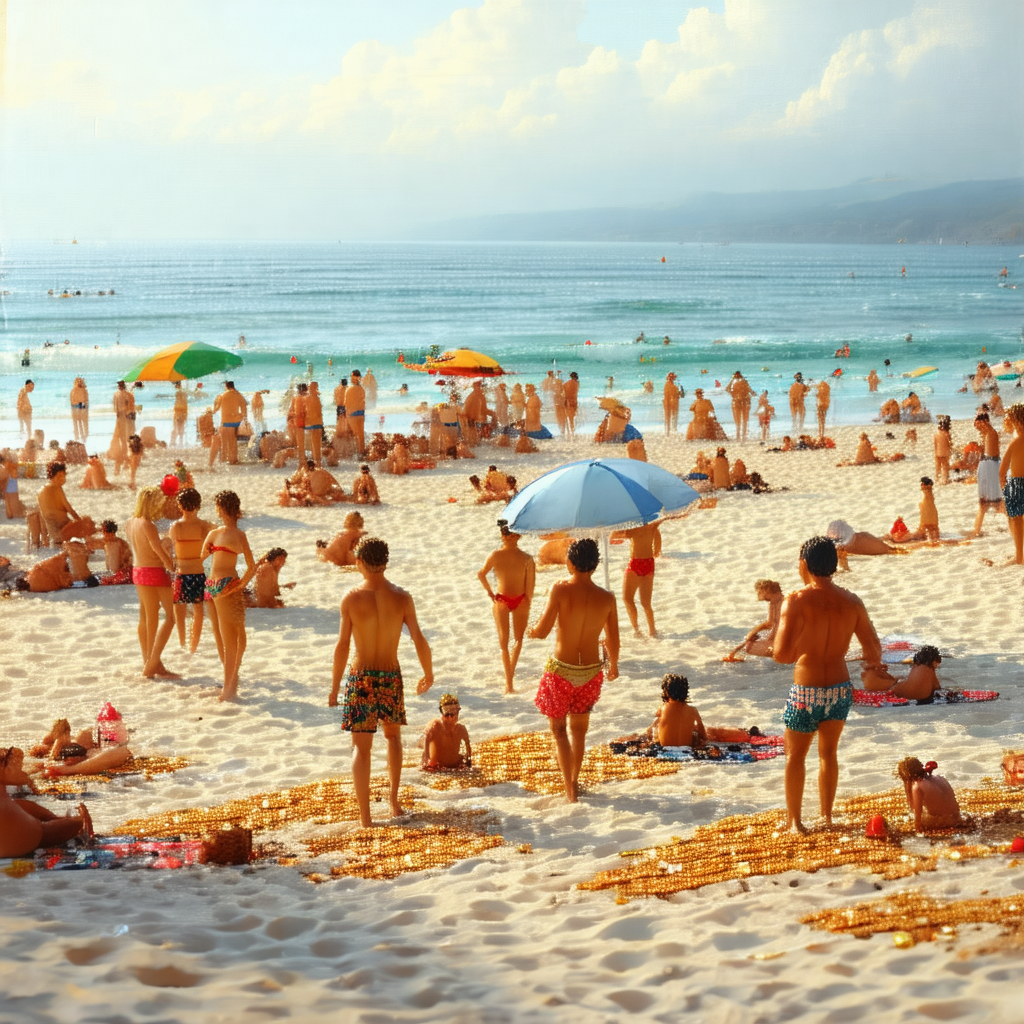 Lively beach scene with a large crowd of people enjoying ...
