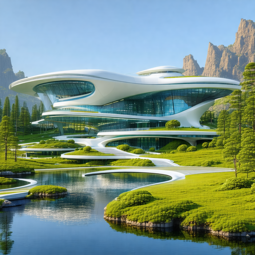 Large, modern building situated in a lush green forest