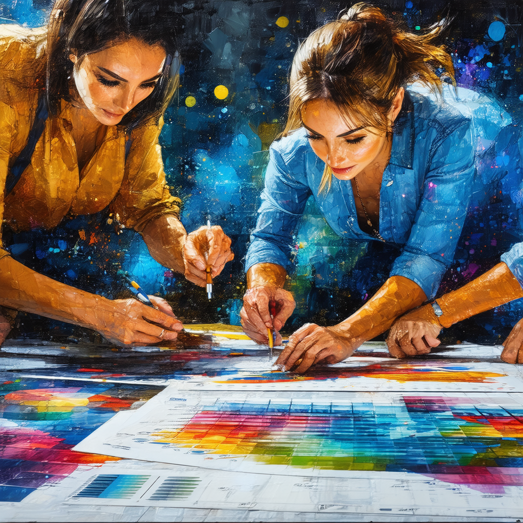 Three women sitting around a large table, each holding a ...