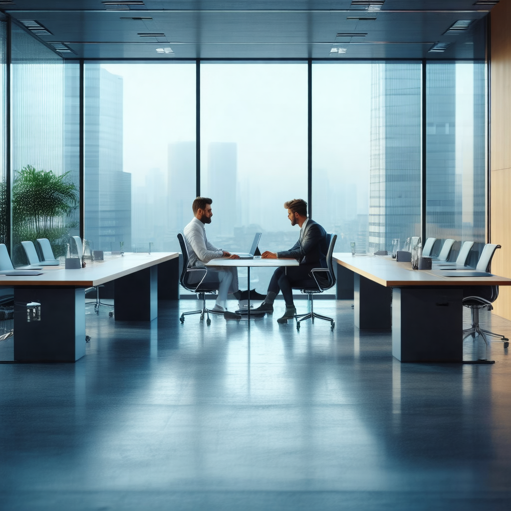 Conference room with two men sitting at a long table