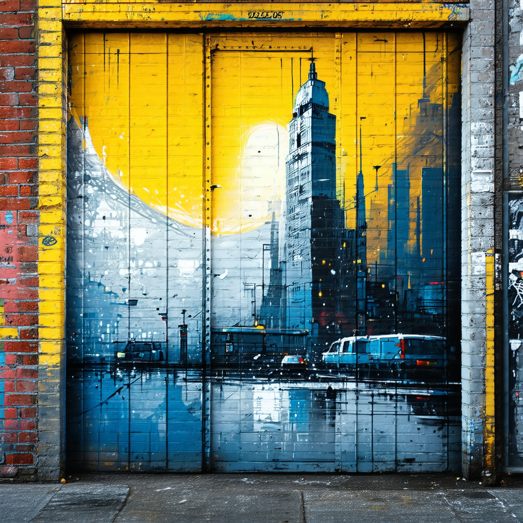 Large painting of a cityscape on the side of a building