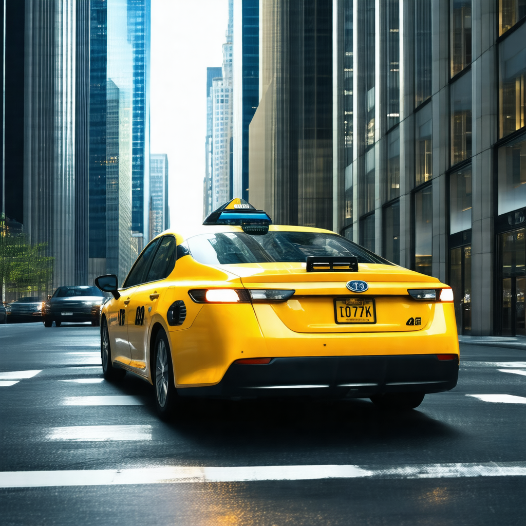 Yellow taxi cab driving down a city street