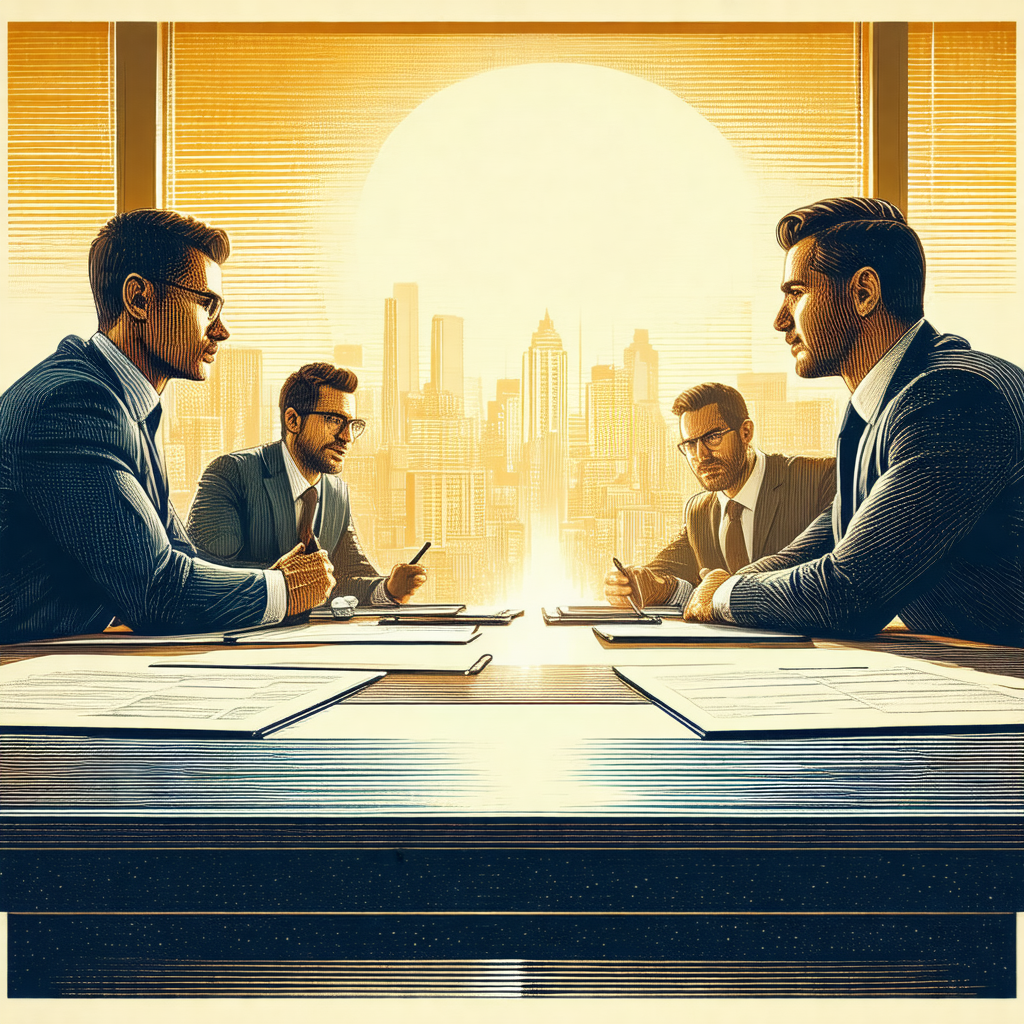 Cartoon-like drawing of three men sitting at a table, eng...