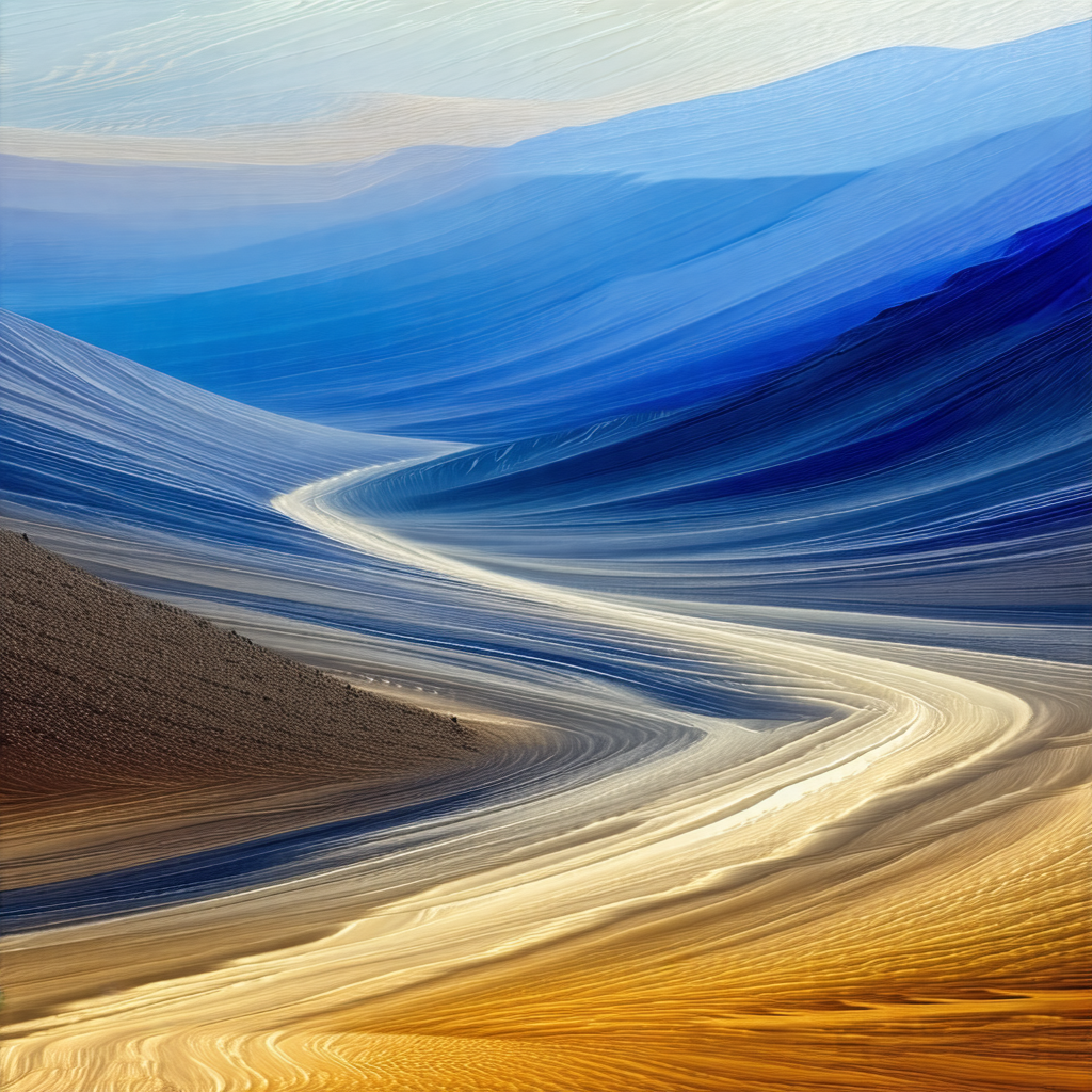 Painting of a mountainous landscape with a winding road t...