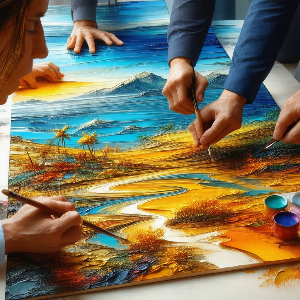 Group of people gathered around a large painting, which i...