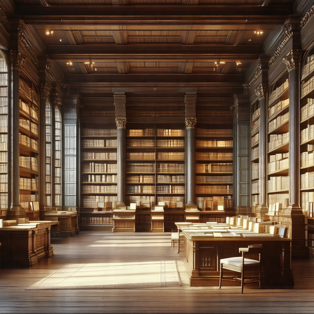 Large, well-lit library filled with numerous bookshelves