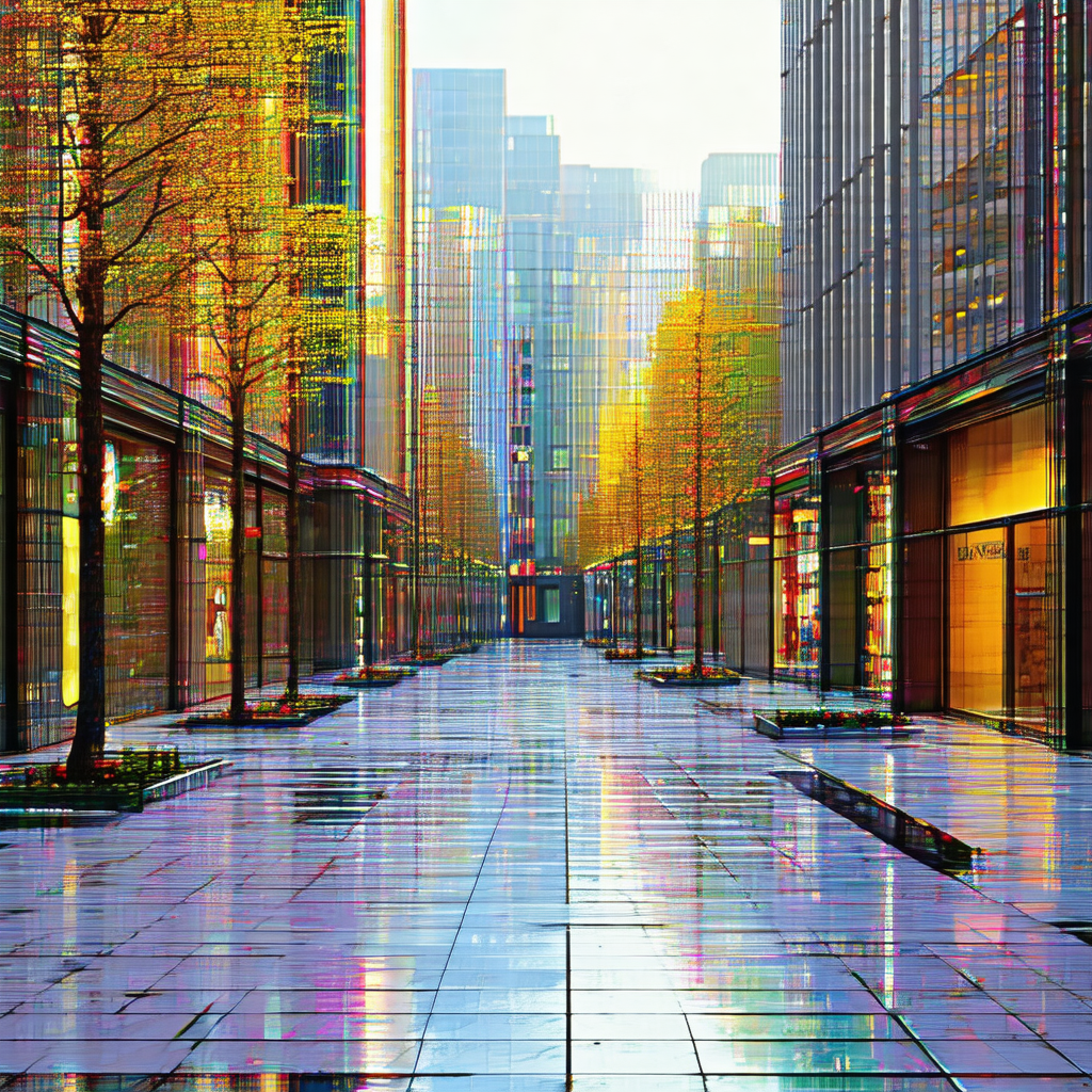 Colorful painting of a city street with tall buildings on...