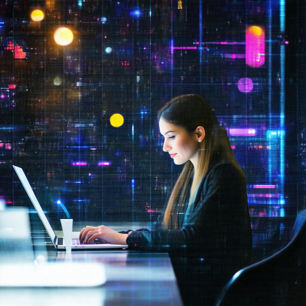 Woman sitting at a desk, working on a laptop computer