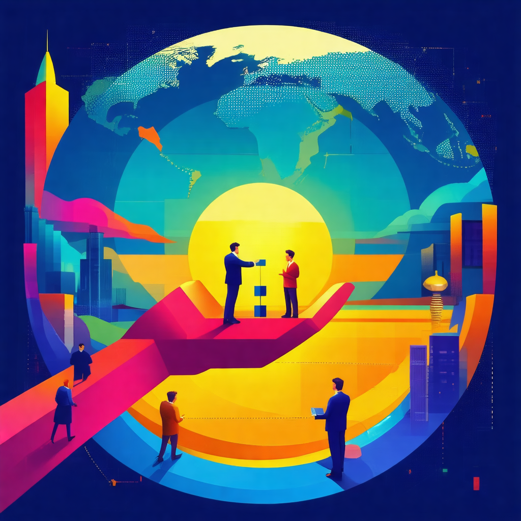 There are two men standing on a bridge, shaking hands