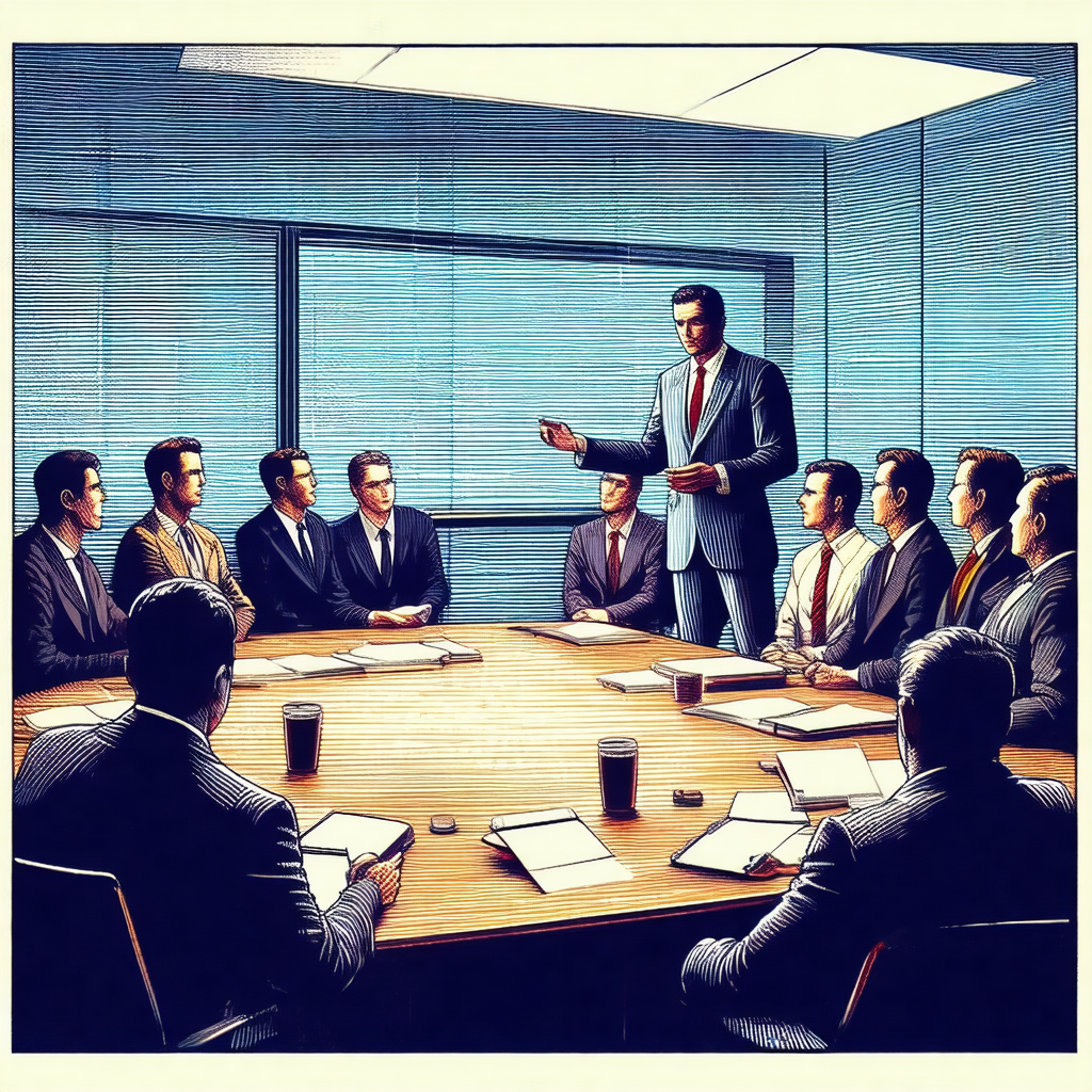 Black and white drawing of a group of men in suits sittin...