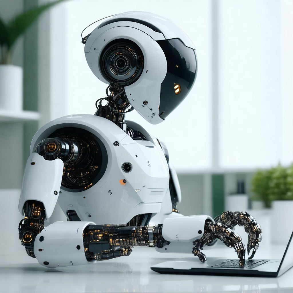 Robotic arm sitting at a desk, using a laptop computer