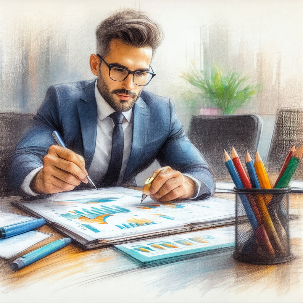 Man wearing a suit and tie, sitting at a desk and working...