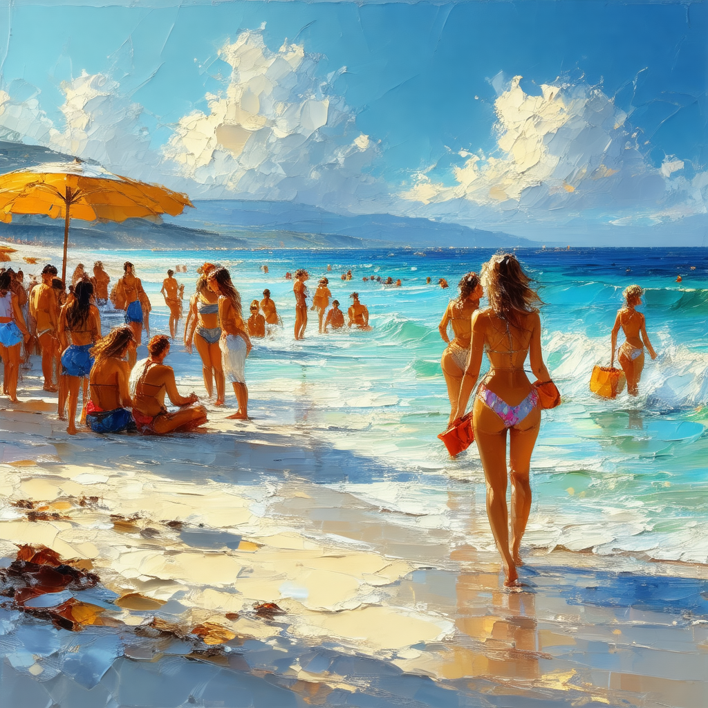 Lively beach scene with a large group of people enjoying ...