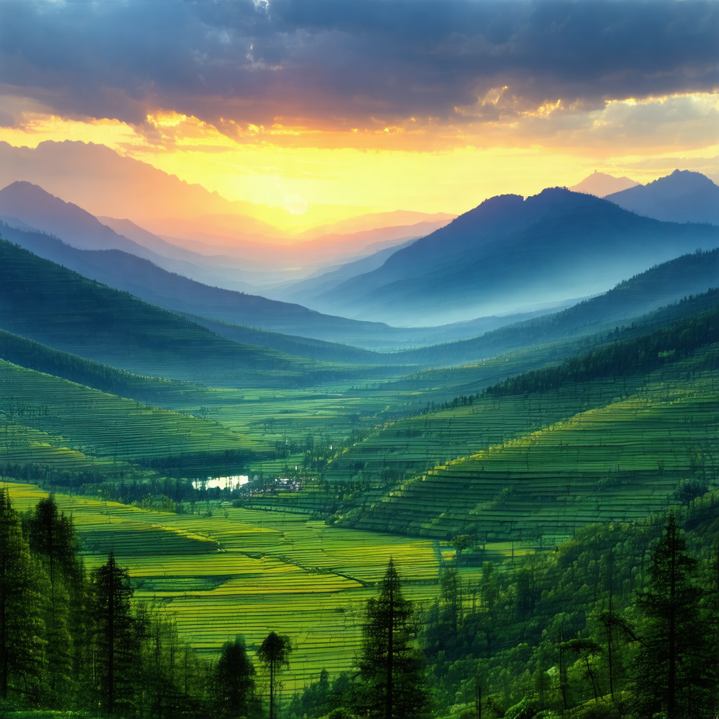 Beautiful landscape with a lush green valley surrounded b...
