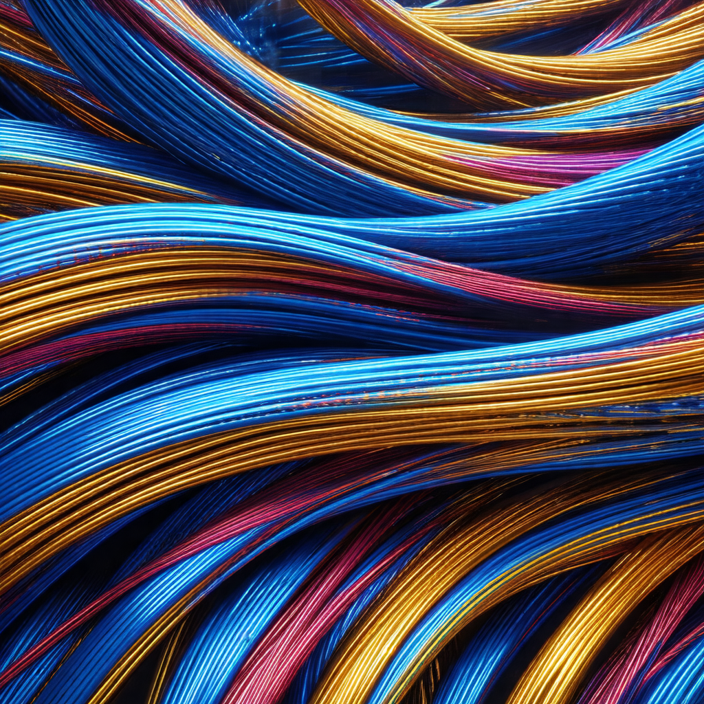 Close-up of a blue and yellow wire, possibly a telephone ...