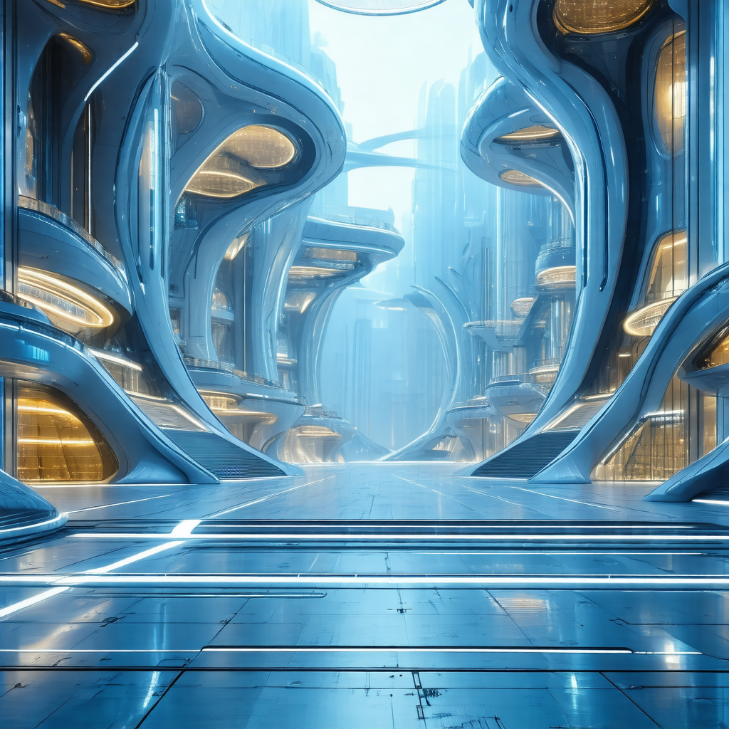 Futuristic cityscape with a large, curved building as the...