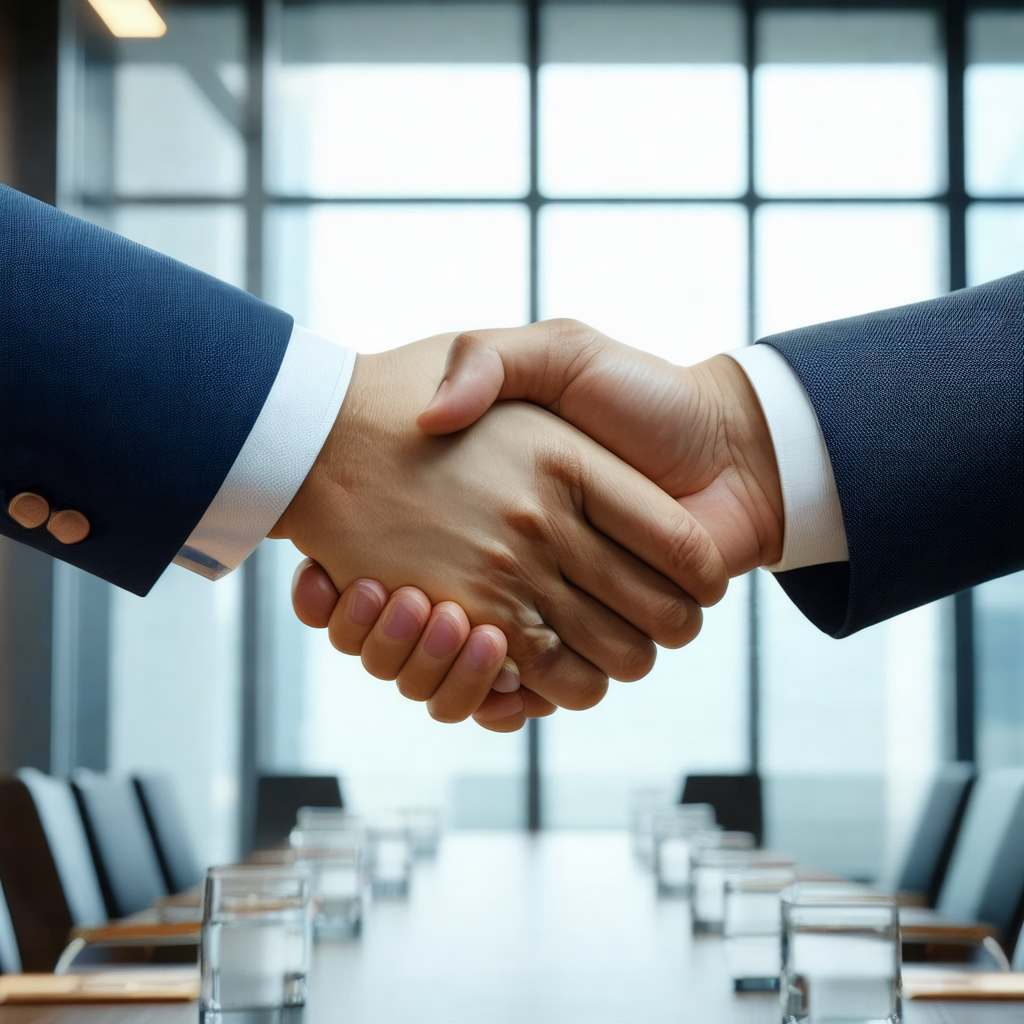 Man and a woman shaking hands in a business setting