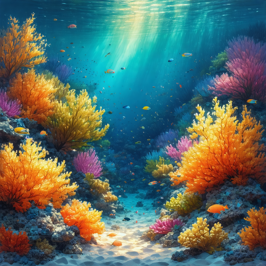 Vibrant and colorful underwater scene featuring a variety...
