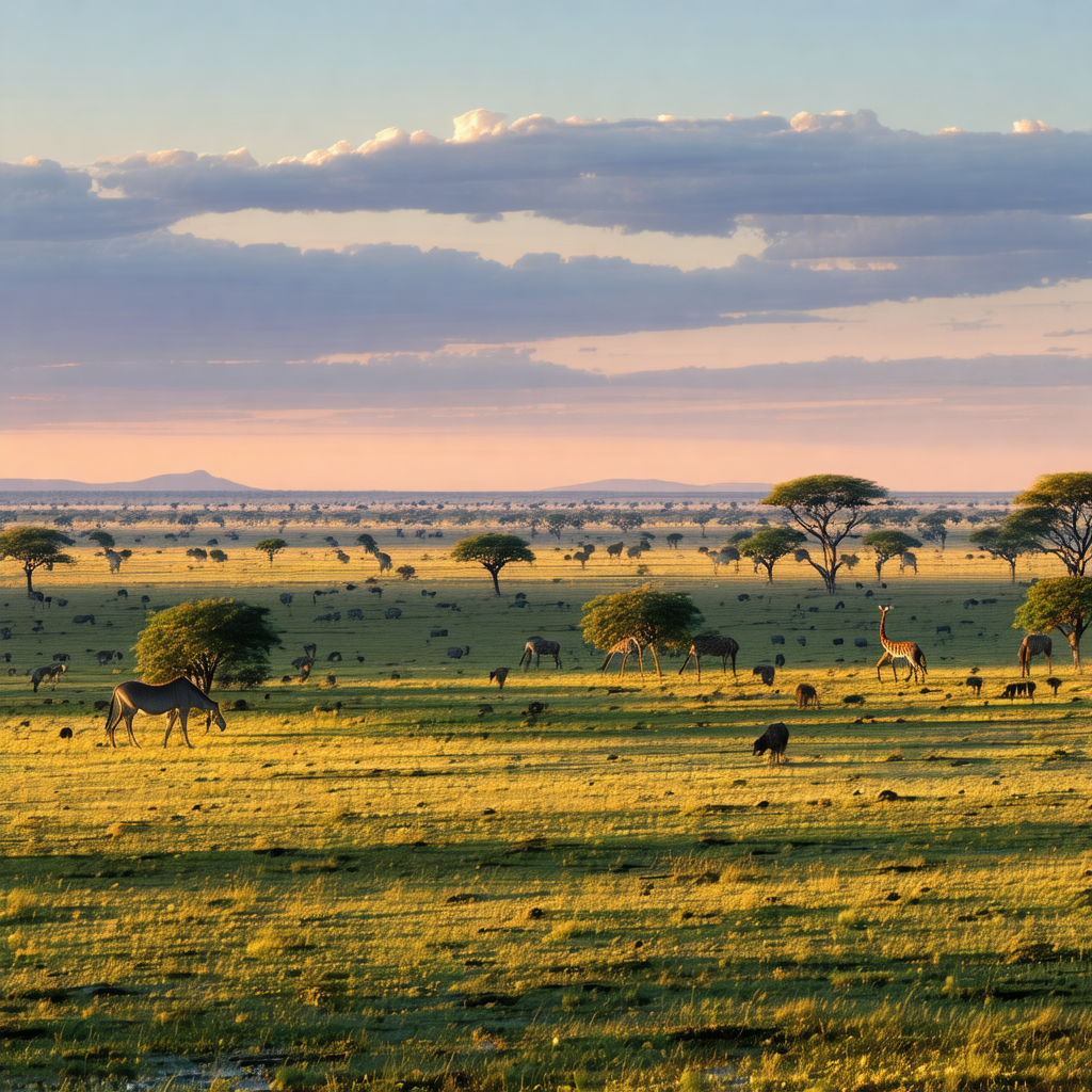 Large herd of zebras grazing in a lush green field