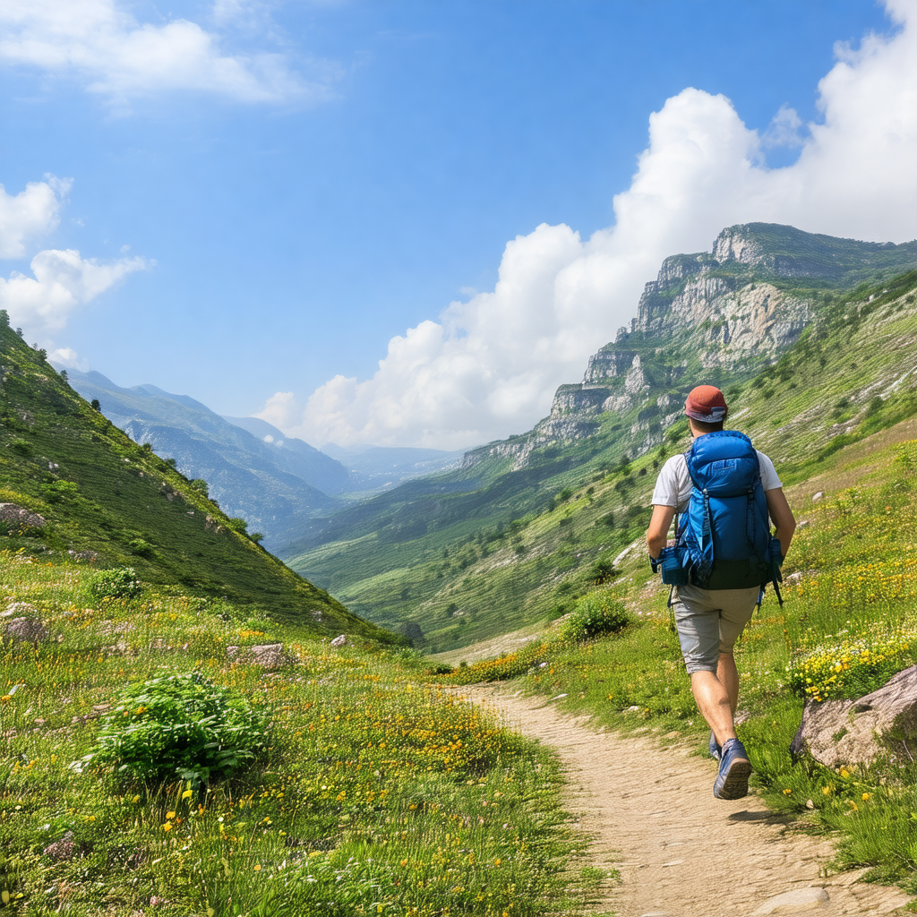 Man walking on a dirt trail in a mountainous area
