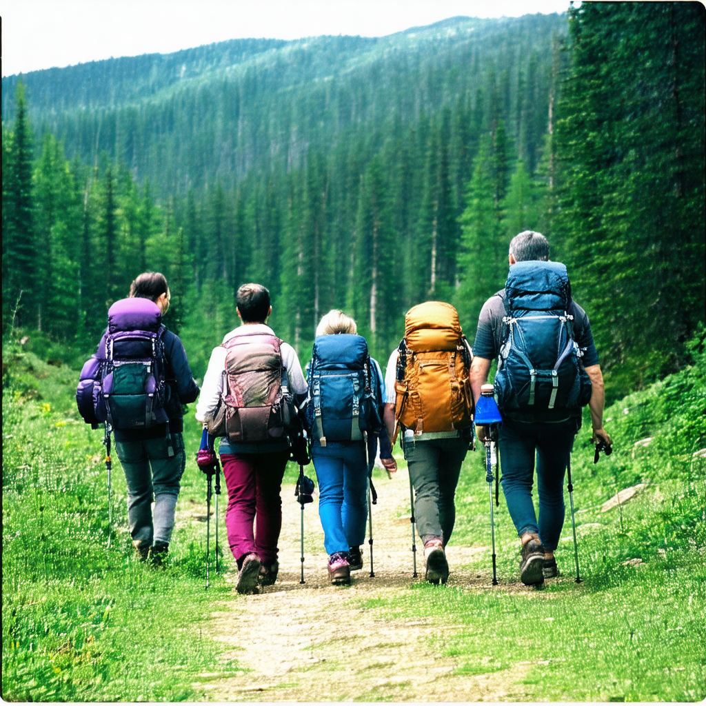 Group of five people walking together on a trail through ...